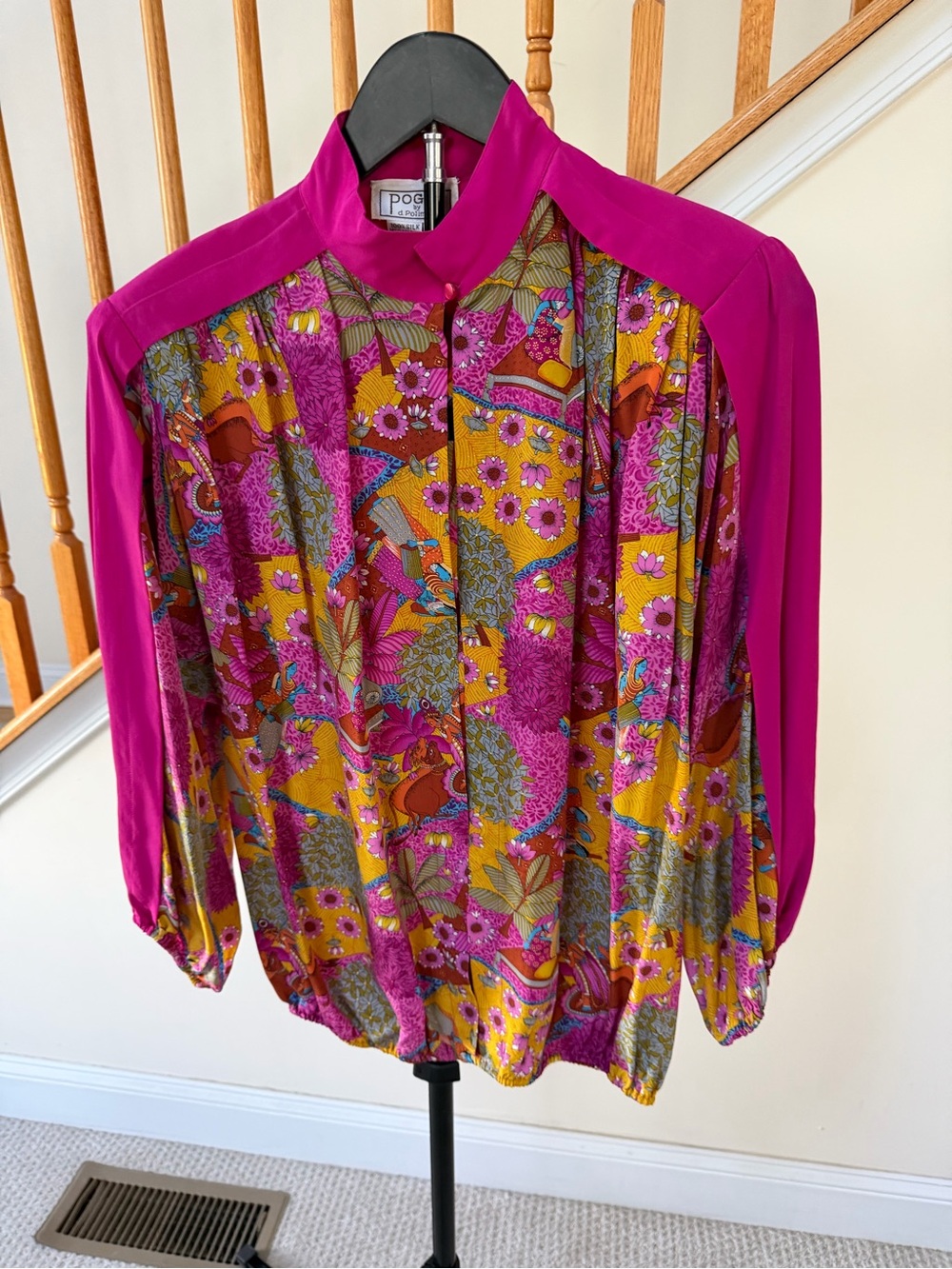 Poglia Fuchsia and Mustard Floral Patchwork Button-Front Blouse